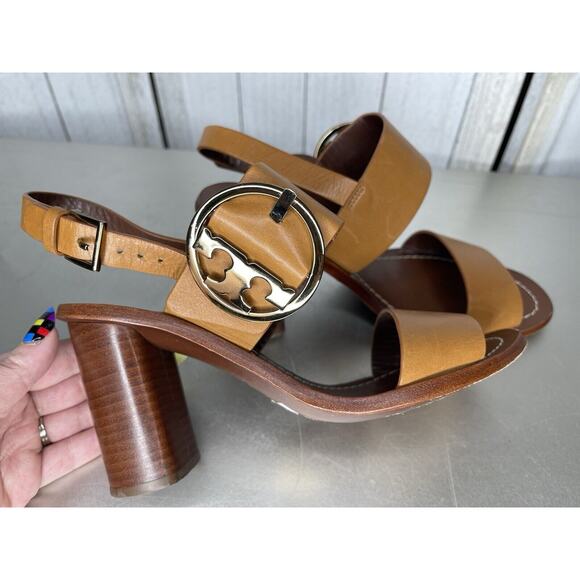 Tory Burch Thames Buckle Logo Tan Brown Ankle Strap Sandals Size 6.5 $325